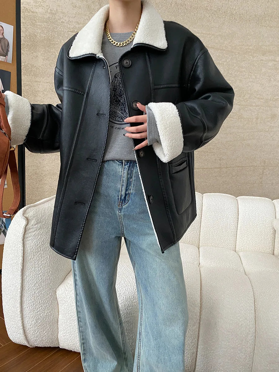 [LANMREM] Faux Fur Thick Warm Coats Lapel Single Breasted Office Lady Elegant Female Outwear Fashion 2025 Winter New 26C1095 RT220