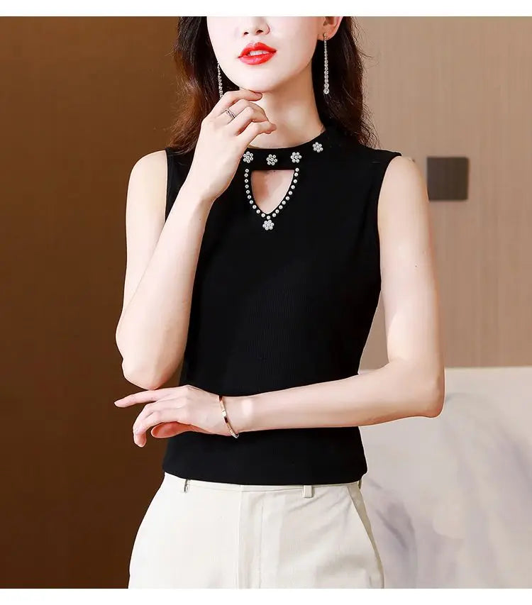 Women Spring New Fashion Sweet Pullovers Base Layers Candy Color Diamonds Hollow Out Knit Vest Slim Versatile Sleeveless Tops RT220
