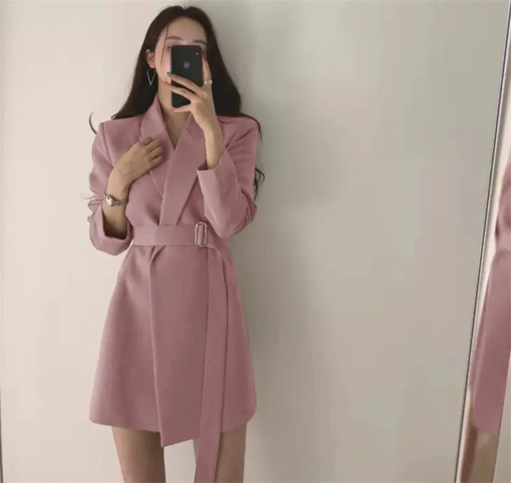 New 2025 Spring Summer Mid-length Small Thin Suit Vintage Belt Korean Fashion Casual Temperament Blazers for Women Clothing RT220