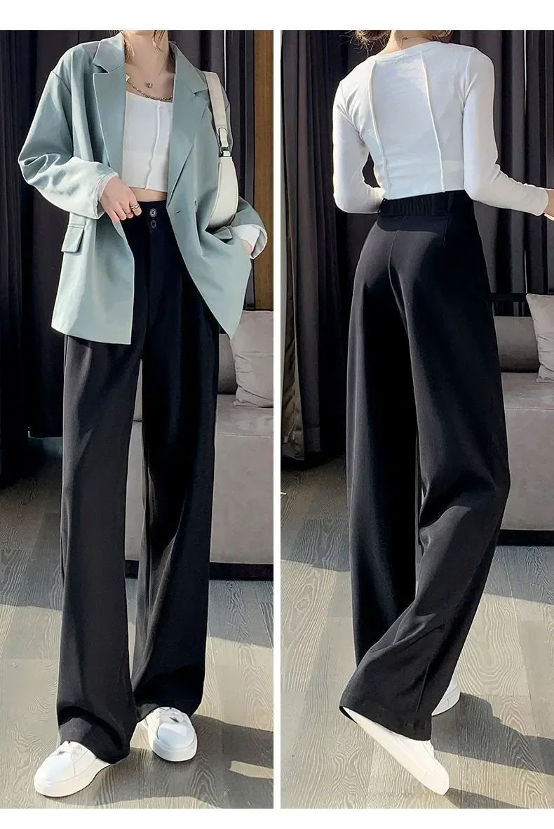 Elegant Wide Leg Pants Women Korean Style High Waist Black Baggy Pants Office Ladies Fashion Loose Suit Trousers Streetwear 2024 RT220