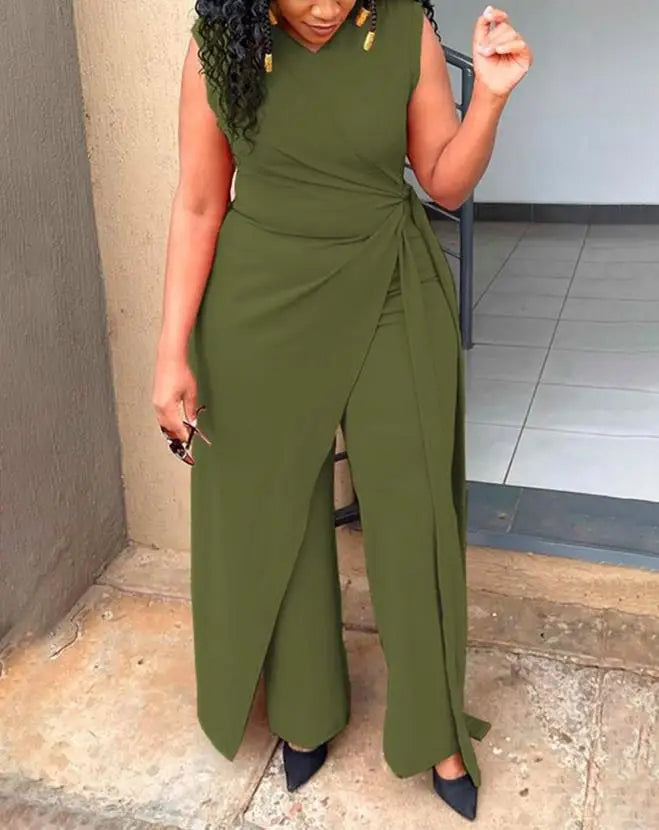 Women's Jumpsuit Summer Fashion Tied Detail V-Neck Casual Plain Sleeveless Asymmetrical Work Long Jumpsuit Y2K Streetwear RT220