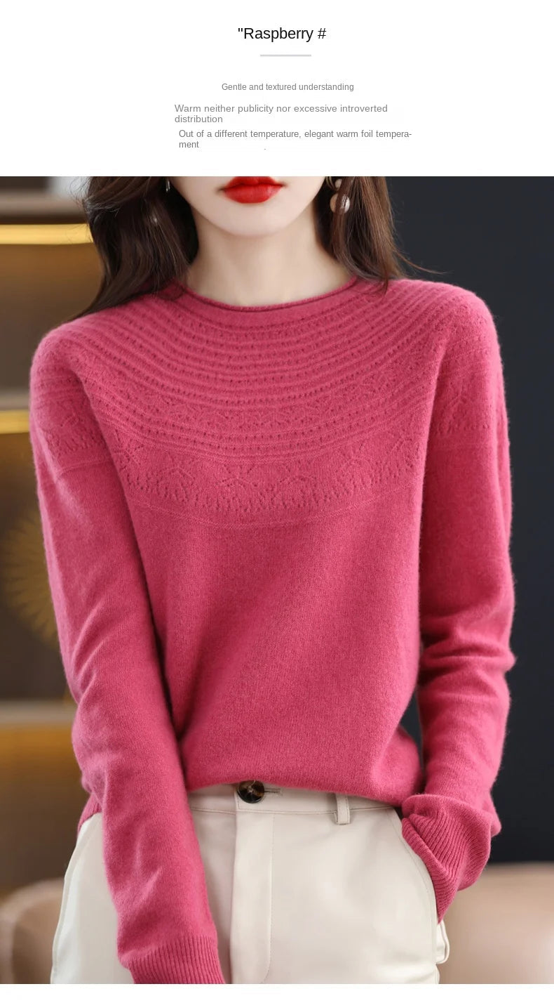100% Merino Wool Knitted Sweater Autumn/Winter 2024 New Women's Round Neck Hollow Top 11 Color Pullover Versatile Coat NJR1107 RT220