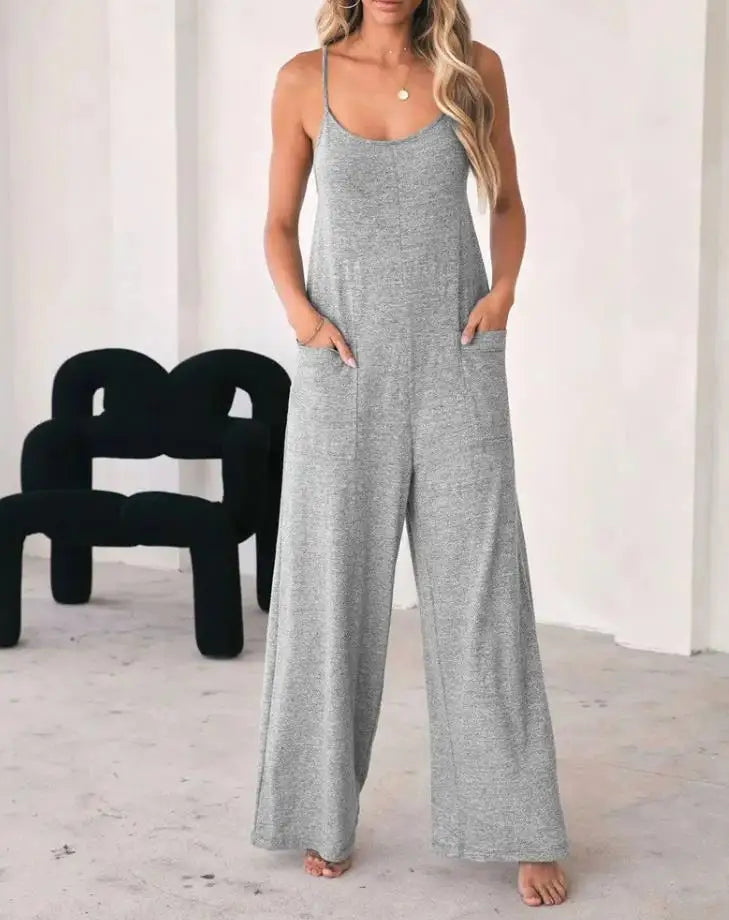 Jumpsuit For Women 2022 Fashion Grey Pocket Design Spaghetti Strap  Casual Home Daily Chic Loose Wide Leg Cami Jumpsuit RT220