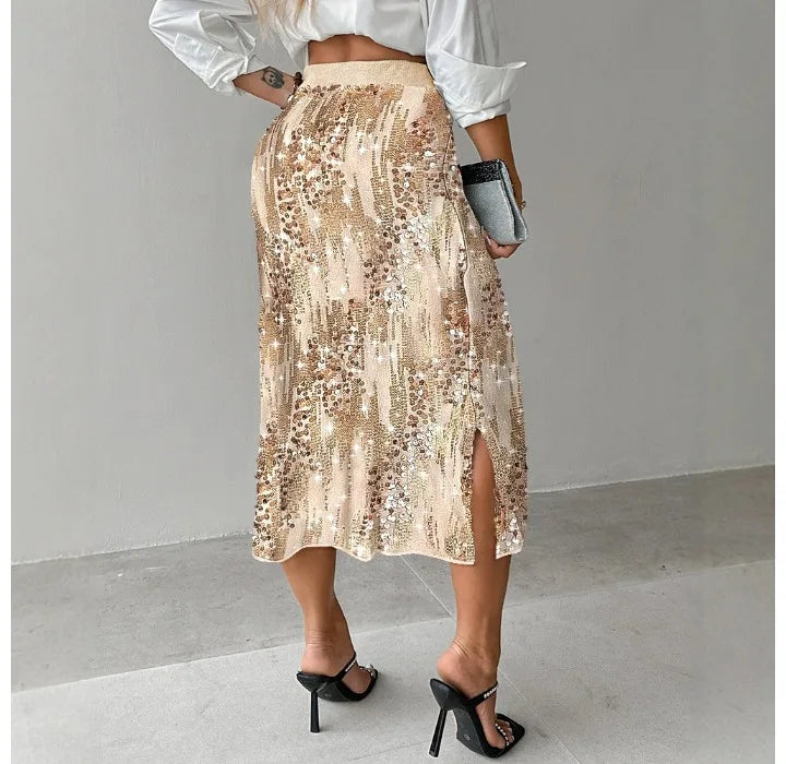 Elegant Mini Dresses Women Fashion Dress Version Sparkling Elastic Waist Side Split Casual High Waist Party Half Skirt 2024 Fall RT220