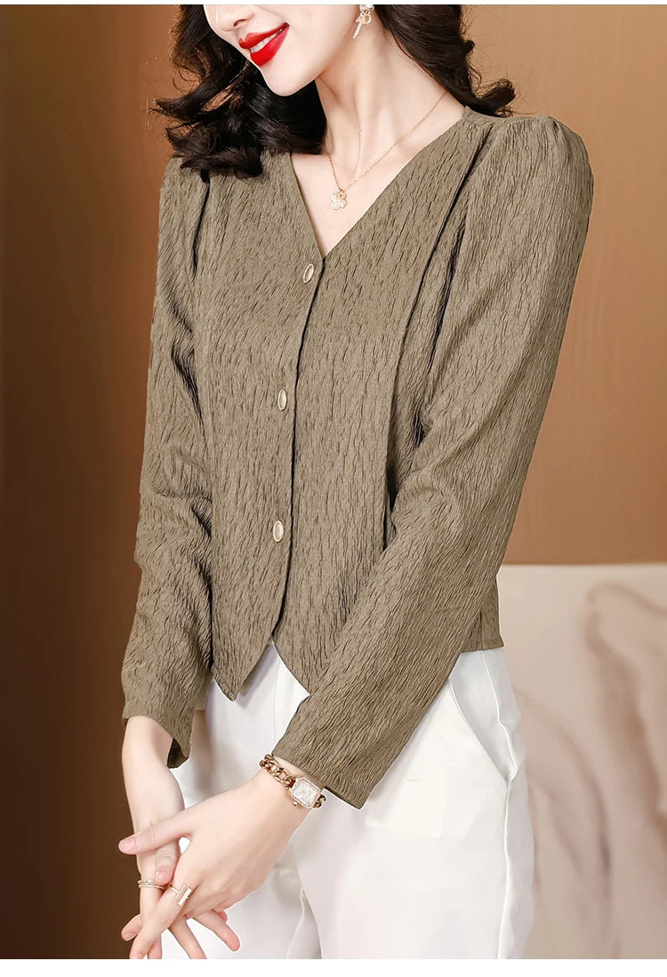 Fashion V-Neck Womens Shirts And Blouse 2025 Spring Autumn Simplicity Streetwear Tops Women Elegant Slim Casual Clothing Femme RT220