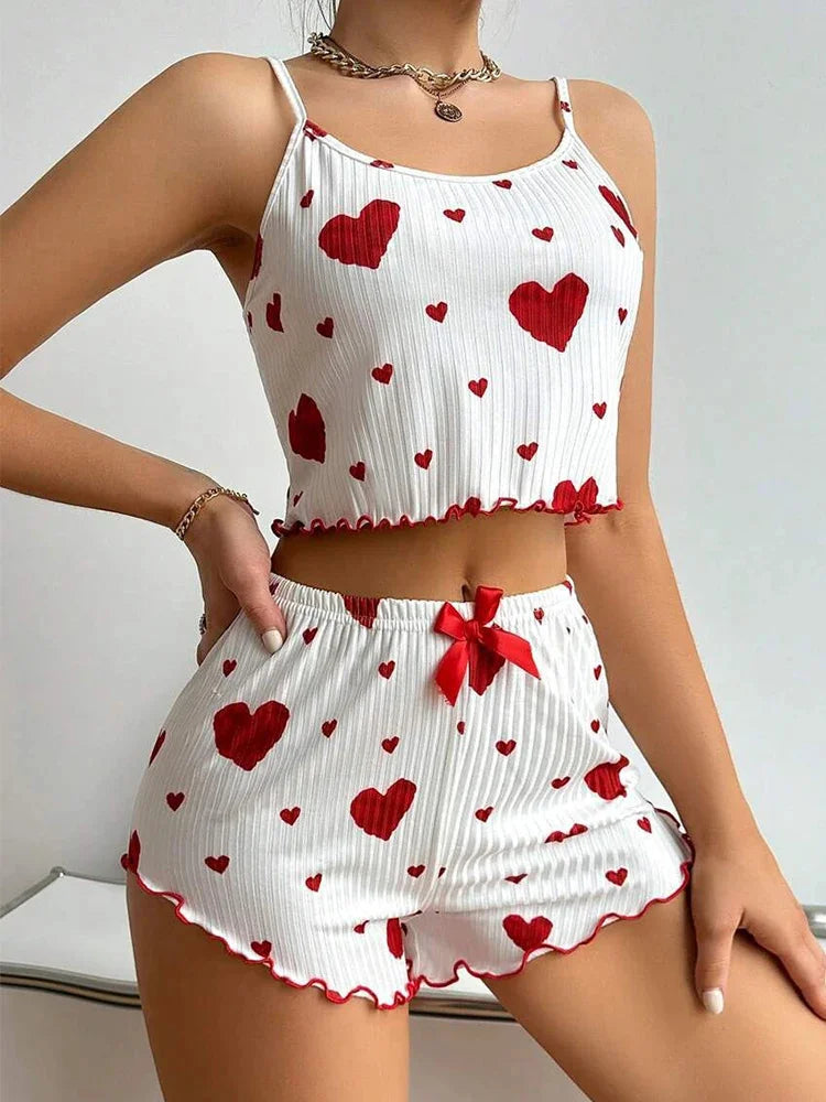 Sexy Girl Pajama Sets Love Heart Print Cami Top+Shorts Leisure Stripe Pyjamas Women Home Clothes Summer Sleeveless Sleepwear RT220