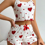 Sexy Girl Pajama Sets Love Heart Print Cami Top+Shorts Leisure Stripe Pyjamas Women Home Clothes Summer Sleeveless Sleepwear RT220