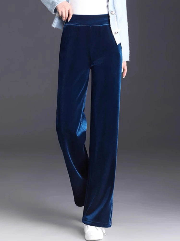 Golden Velvet Wide Legged Pants 2024 Spring and Autumn High Waist Hanging Good Casual Pants Blue Loose Straight Women's Pants6XL RT220
