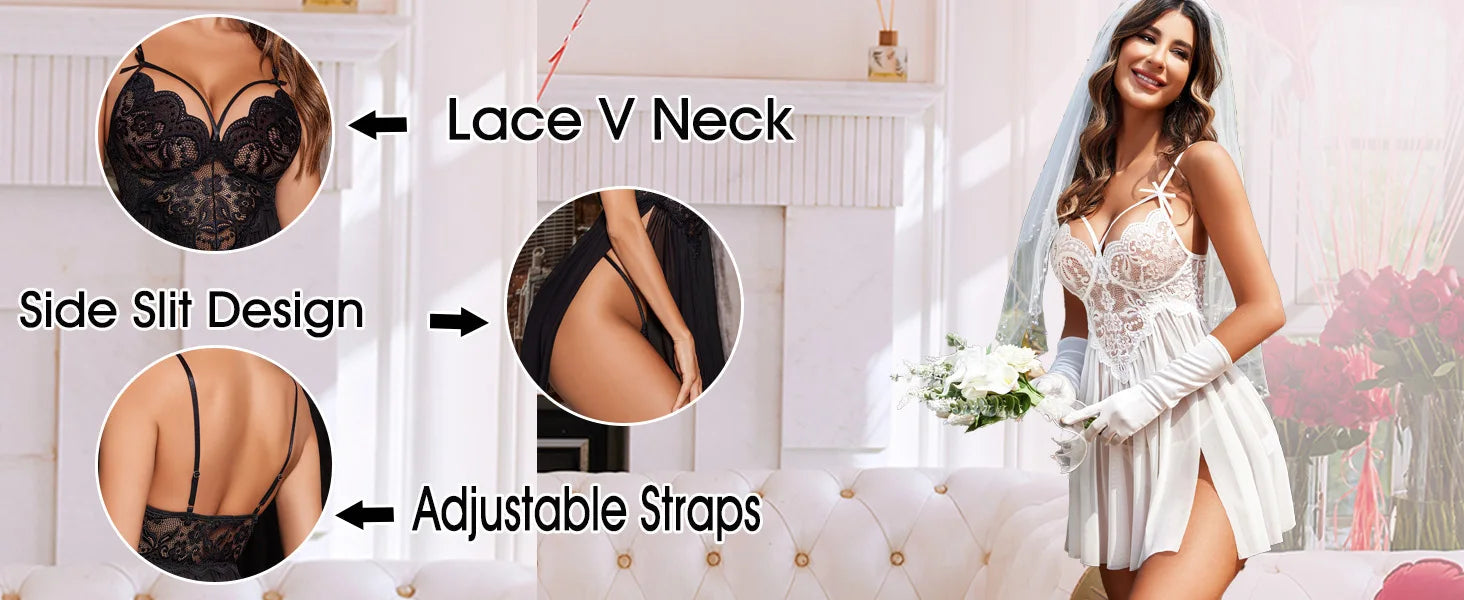 New Sexy Nightgown White Lace Babydoll Set Women's Romantic Sheer Floral Lingerie Flowy Skirt Chemise Mini Dress Hot Sale Nighty RT220