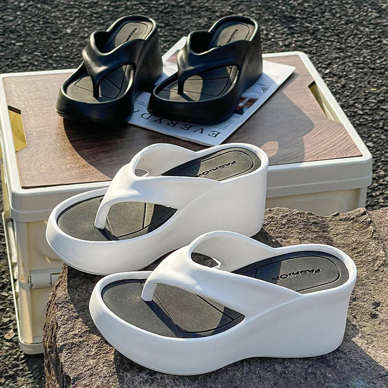 7CM Women's High Heeled Slippers Fashion Street Slides Outdoor Flip Flops Light EVA Comfortable Heightening Shoes RT220