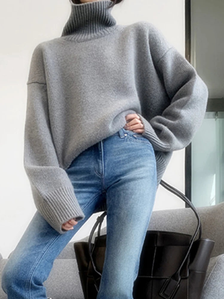 Jmprs Lazy Wind Grey Turtleneck Sweaters Women Vintage Loose Knitted Pullovers Streetwear Retro Harajuku Long Sleeve Simple Tops RT220