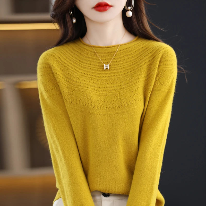 100% Merino Wool Knitted Sweater Autumn/Winter 2024 New Women's Round Neck Hollow Top 11 Color Pullover Versatile Coat NJR1107 RT220