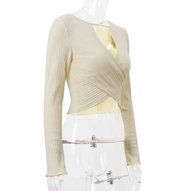 Xeemilo Autumn Solid Underwear Top Elegant Hollow Out Knit Long Sleeve Undershirt 2023 Women Round Collar Slim Warmming Clothes RT220