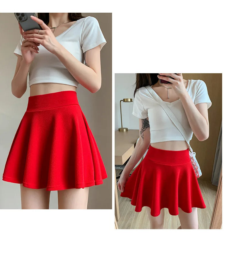 ITOOLIN Women Sweet Solid Color Preppy Skirts Casual Wide Leg High Waist Mini Skirts Women Harajuku Pleated A-line Skirts New RT220