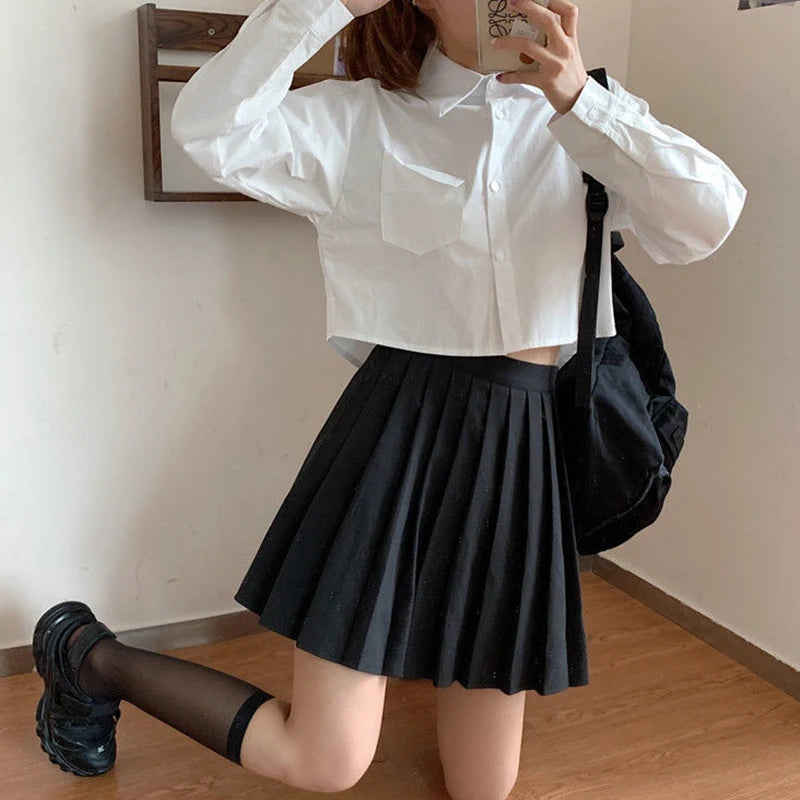 MEXZT Fashion Korean Pocket Cropped Blouse Women Casual Preppy Style Long Sleeve Short Shirt Fall Solid White All-match Y2k Tops RT220