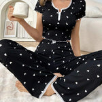 Spring and Summer New Women's Pop-Up Short-Sleeved Love Collar Printed Pajamas Loungewear Set Girls Style Pajamas Loungewear Set RT220