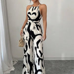 Fashion Women Jumpsuit Sexy Halter Print Sleeveless High Waist Lace-up Wide Leg Pants Long Jumpsuits Female Casual Lady Jumpsuit RT220