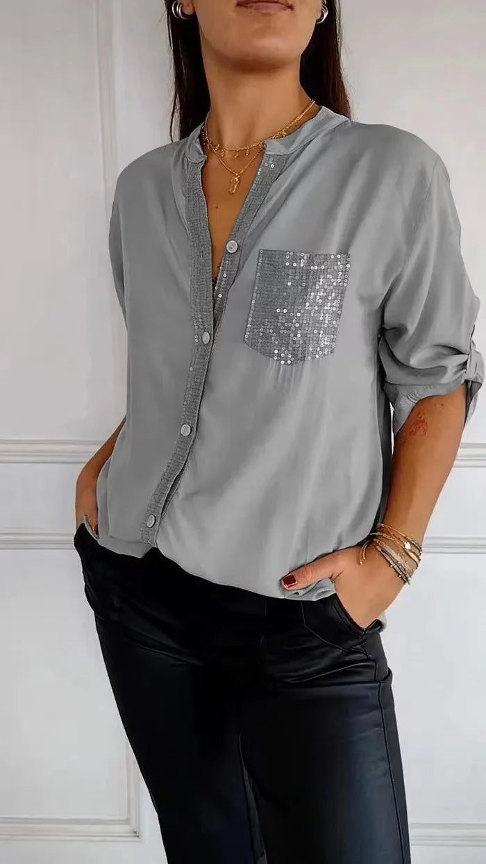 Casual Loose Sequins Patchwork Shirt Blouse Women Fashion Button Long Sleeve Shirts For Women Spring Autumn Pocket Tops Femme RT220