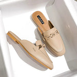 New Summer Fashion Metal Buckle Woman Shoes Half-drag Muller Shoes Women Wear Flat Slippers And Leather Toe-covered Sandals RT220