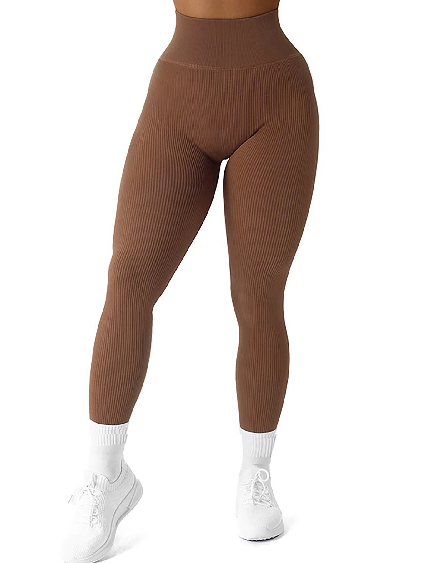 Women's Solid Color High Waist Simple Yoga Fitness Daily Ribbed Sports Cycling Leggings RT220