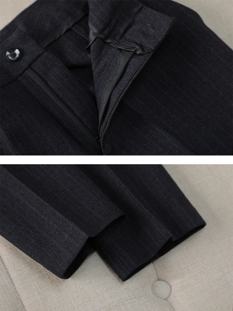 Women Pant Suit Office Ladies Female Business Work Wear 2 Piece Set Black Blue Striped Formal Blazer Jacket And Trouser RT220