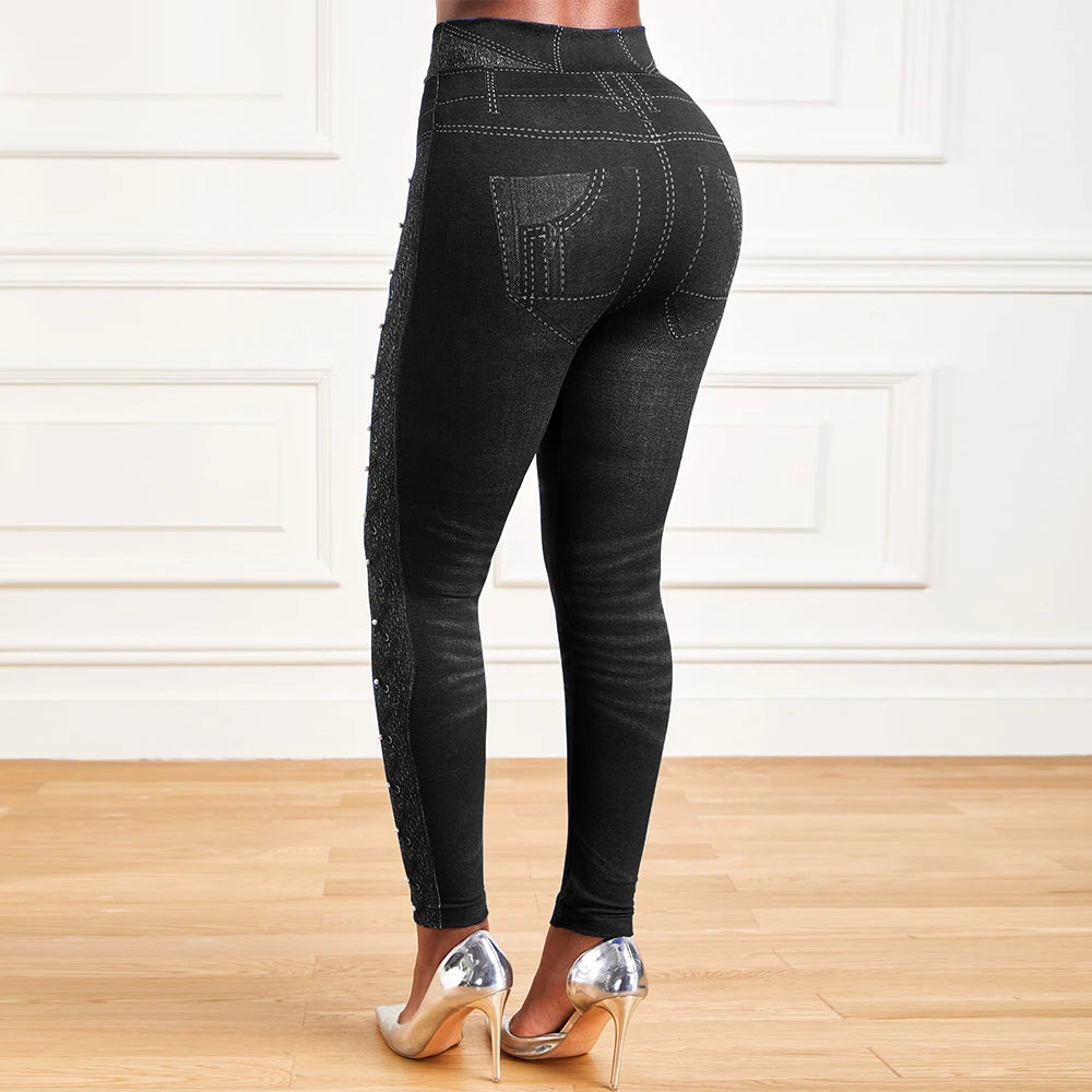 M XXL Faux Denim Leggings Women Clothing Summer High Waist Jeans Oversized Basics Pants Female Casual Slim Trousers RT220