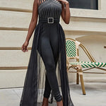 Summer Sleeveless Lace Up Women's Elegant Long Jumpsuit Fashion Hot Drill Waist Mesh Mop Slim Fit Female Party Jumpsuit 2025 RT220