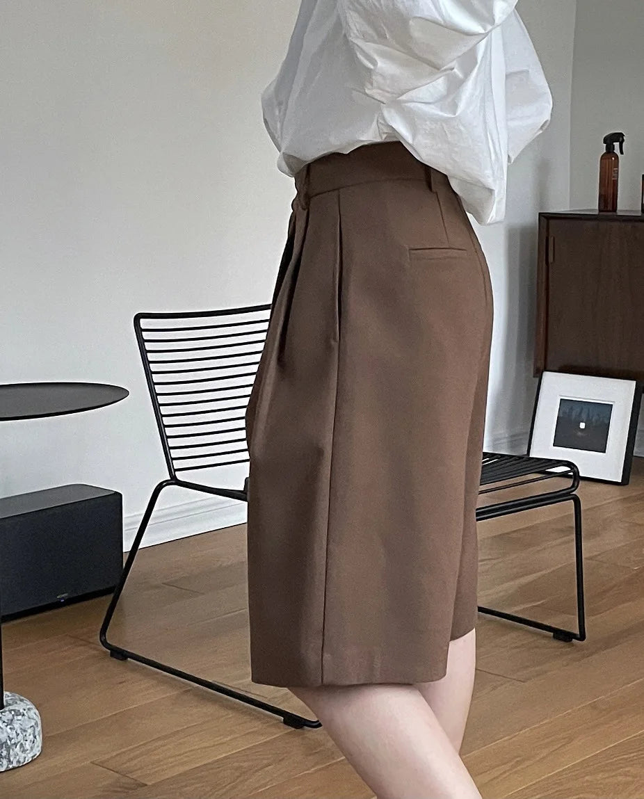 [LANMREM] Pleated Wool Shorts For Women High Waist Straight Office Lady Loose Clothing Korean Style 2025 Summer New 26D8692 RT220