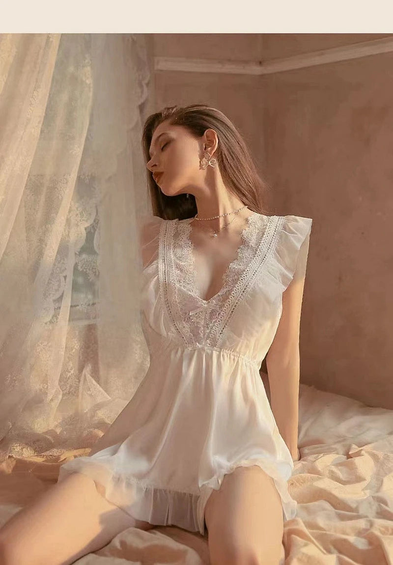 2022 New Sleepwear Women Summer Silk Nightdress Beauty Back Night Dress Home Clothes Nightwear Sleepshirts Satin Negligee RT220