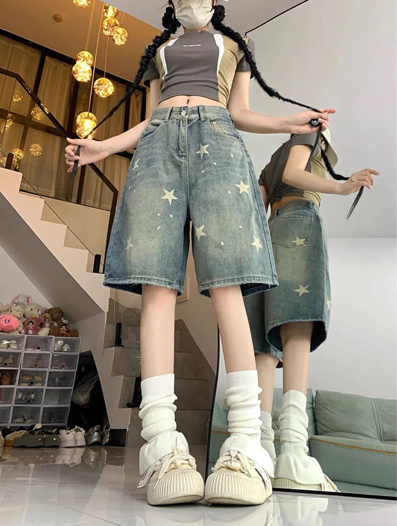 American Style Vintage Women's Short Jeans High Waisted Washed Wide Leg Denim Pants Woman Fashion Do Old Star Knee Length Shorts RT220