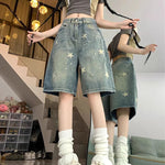 American Style Vintage Women's Short Jeans High Waisted Washed Wide Leg Denim Pants Woman Fashion Do Old Star Knee Length Shorts RT220