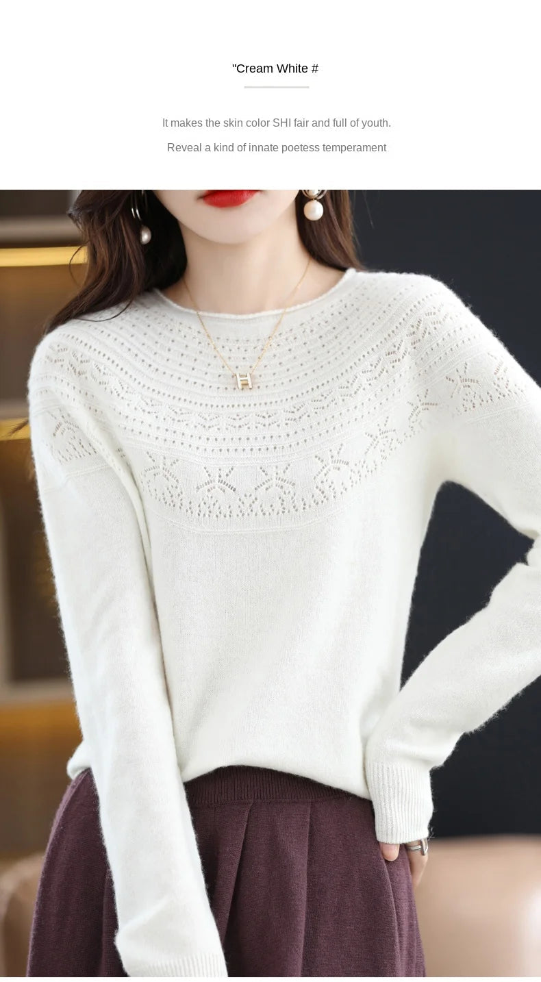 100% Merino Wool Knitted Sweater Autumn/Winter 2024 New Women's Round Neck Hollow Top 11 Color Pullover Versatile Coat NJR1107 RT220