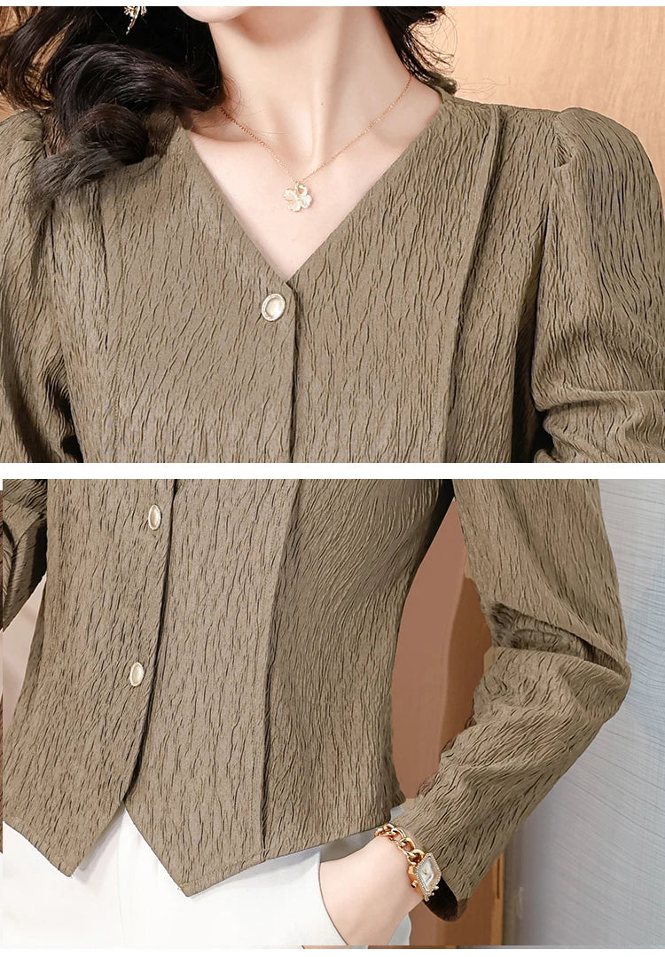 Fashion V-Neck Womens Shirts And Blouse 2025 Spring Autumn Simplicity Streetwear Tops Women Elegant Slim Casual Clothing Femme RT220