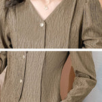 Fashion V-Neck Womens Shirts And Blouse 2025 Spring Autumn Simplicity Streetwear Tops Women Elegant Slim Casual Clothing Femme RT220