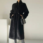 Faux Fur Coats Women Stand Collar Mid Length Long Coat Thick Maxi Warm Y2k Tops Open Stitch Elegant Autumn Winter Black Jackets RT220