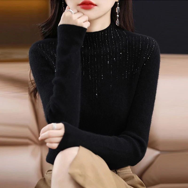 Lucyever Luxury Shiny Crystal Turtleneck Sweaters Women Fashion Slim Rhinestones Knitted Jumper Ladies Solid Soft Warm Pullover RT220
