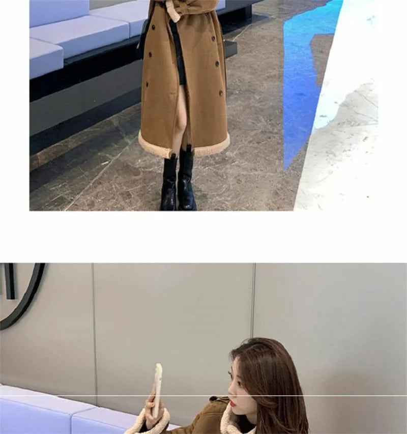 2024 Autumn Winter New Medium Long Double-breasted Lambswool Suede Woolen Coat Women Add Velvet Padded Warm Fur One Woolen Coats RT220