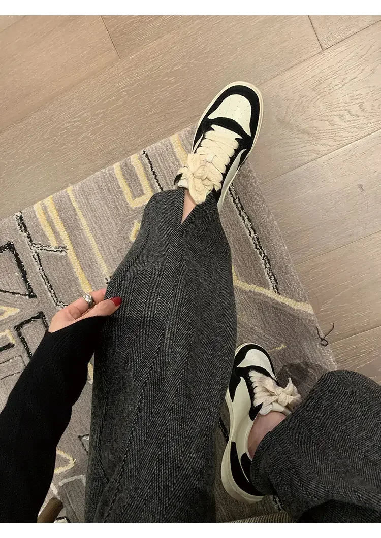 Women Pants Autumn Winter Thickening High Waisted Wool Wide Leg Pants Women Fashion Chevron Lengthening Leg Opening Floor Length RT220