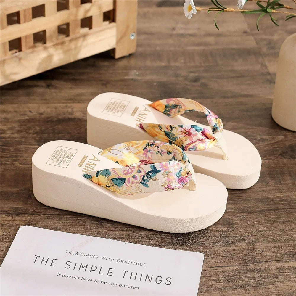Summer EVA Beach Platform Slippers Wedge Sandals 3/5.2cm Heel High Fashion Casual Satin Printing Vacation Women's Slippers RT220