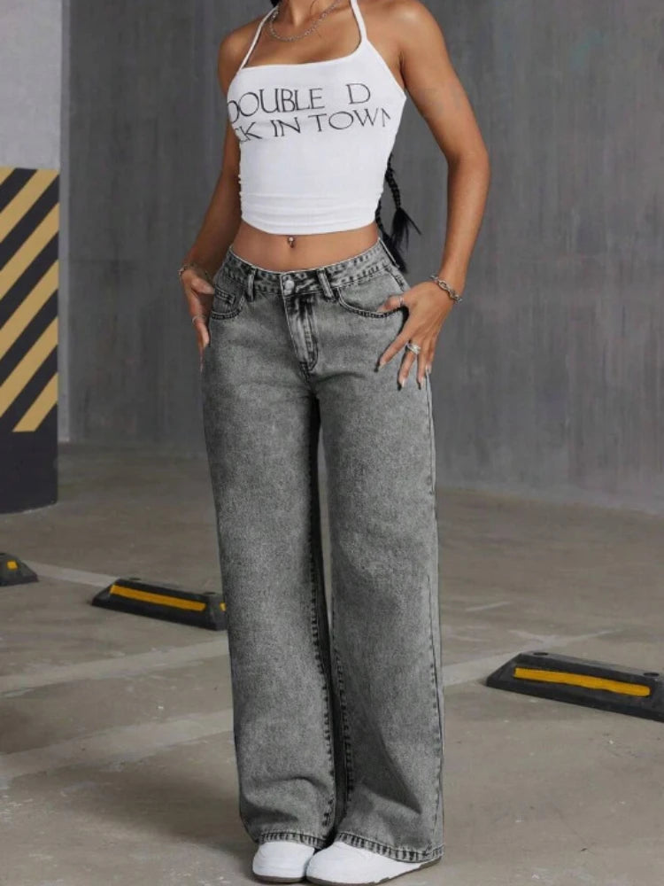 HOUZHOU Women's Loose Fit Distressed Straight Leg Jeans Blue Sweet Bow Embroidery Denim Trousers Casual Baggy Jeans with Pockets RT220