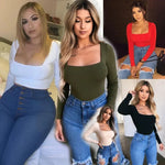 Sexy Solid Color Square Collar Elastic Slim T Shirt Women Long Sleeves Bottoming Shirt Ladies Tee Shirt Tops Camisetas Mujer RT220