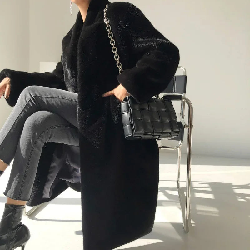 Faux Fur Coats Women Stand Collar Mid Length Long Coat Thick Maxi Warm Y2k Tops Open Stitch Elegant Autumn Winter Black Jackets RT220