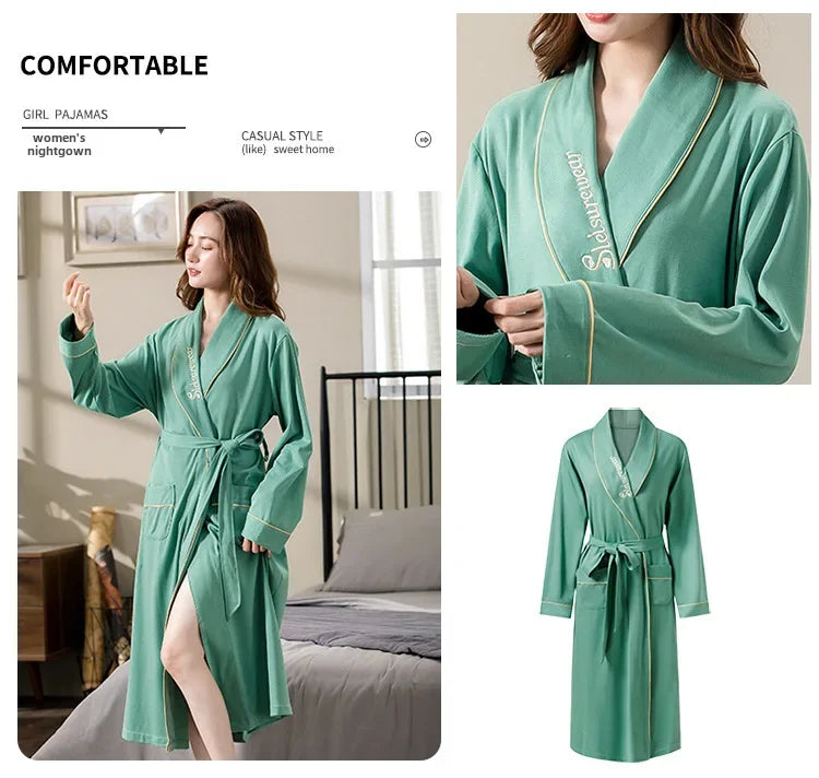 Spring Autumn Long Sleeve Cotton Casual Loose-fit Quick Dry Bathrobe For Women Medium-length Home Use Robe For Young Mothers RT220