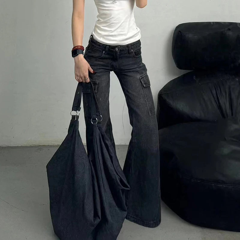 Streetwear Vintage Black Jeans Women American Y2K Slim High Waist Flare Denim Pants Female Casual Multiple Pockets Denim Trouser RT220