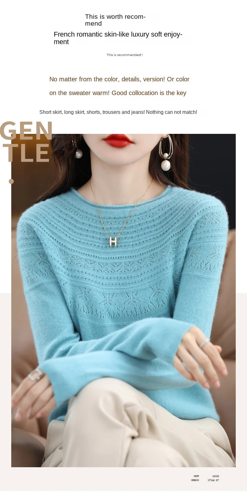 100% Merino Wool Knitted Sweater Autumn/Winter 2024 New Women's Round Neck Hollow Top 11 Color Pullover Versatile Coat NJR1107 RT220