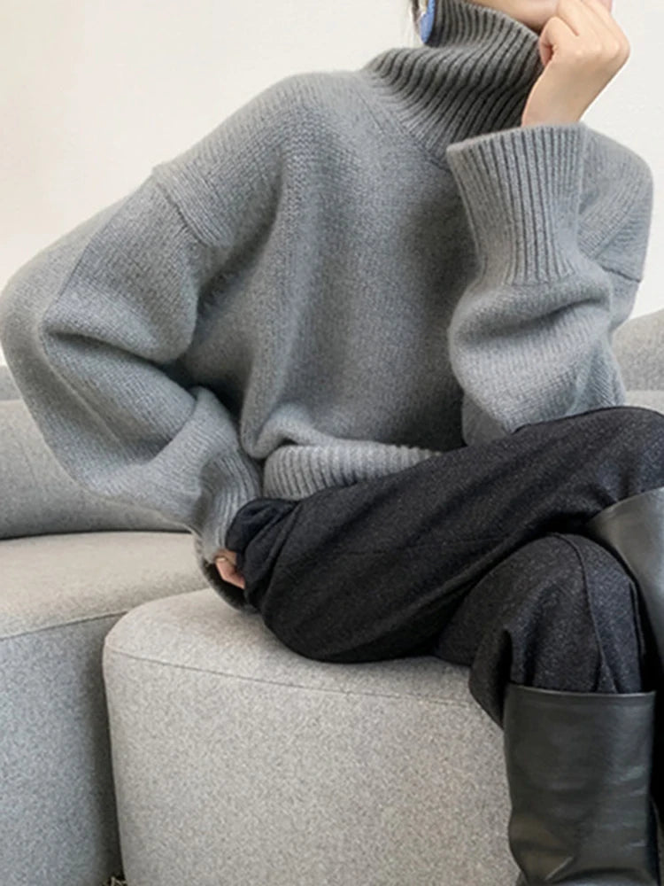 Jmprs Lazy Wind Grey Turtleneck Sweaters Women Vintage Loose Knitted Pullovers Streetwear Retro Harajuku Long Sleeve Simple Tops RT220