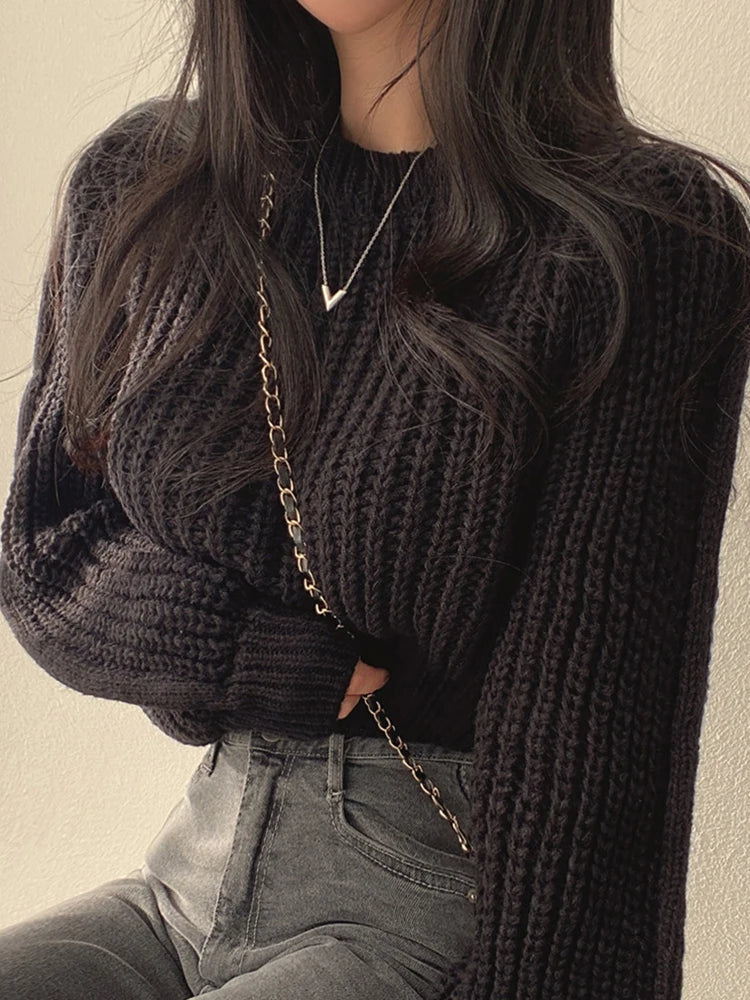 Loose Vintage Harajuku Lantern Long Sleeve Women Sweater Korean Autumn Winter Knitwear Soft Warm Tops Chic Solid Femme Sweater RT220