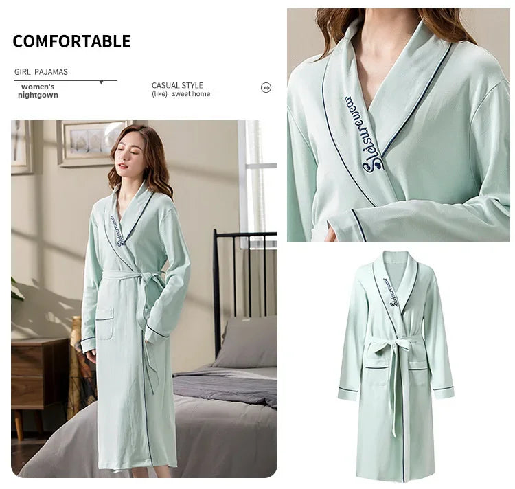 Spring Autumn Long Sleeve Cotton Casual Loose-fit Quick Dry Bathrobe For Women Medium-length Home Use Robe For Young Mothers RT220