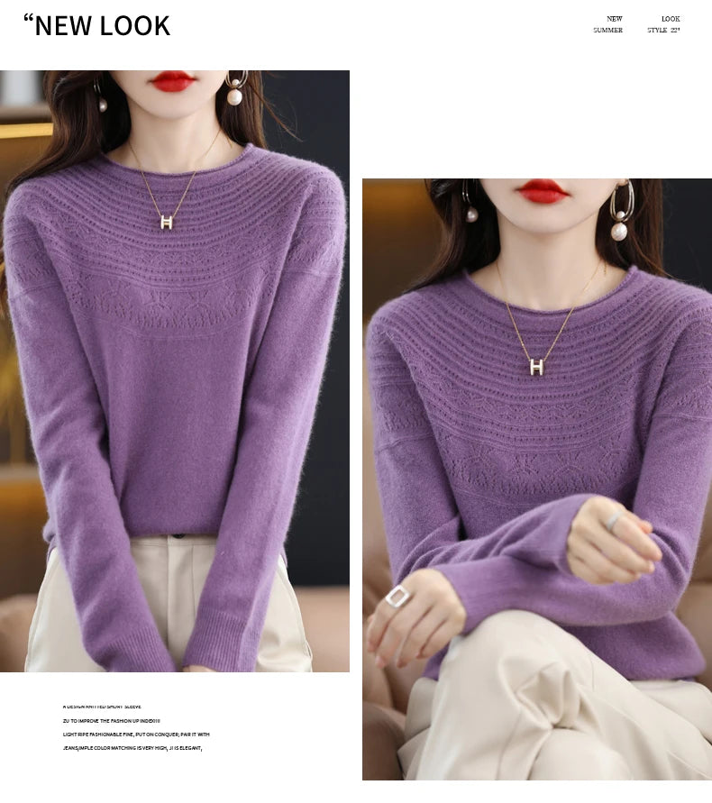 100% Merino Wool Knitted Sweater Autumn/Winter 2024 New Women's Round Neck Hollow Top 11 Color Pullover Versatile Coat NJR1107 RT220