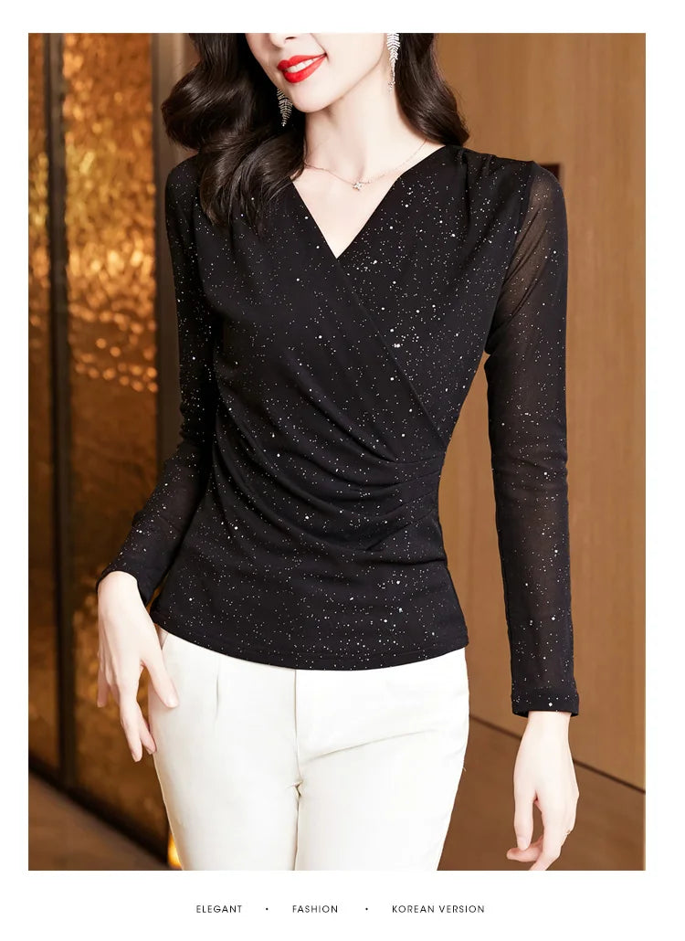 New Spring Women's T-Shirt Cross V-Neck Solid Color Bright Powder Slim Long-Sleeved Mesh Tops Elastic Bottoming Shirt RT220